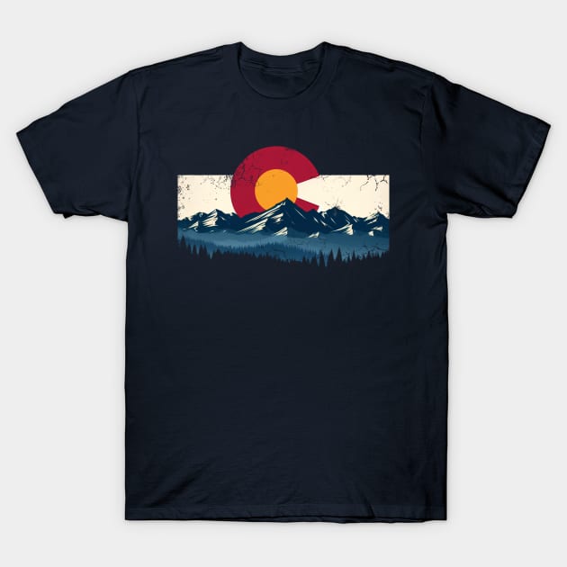 Colorado Flag Mountains Design Retro Distressed T-Shirt by E